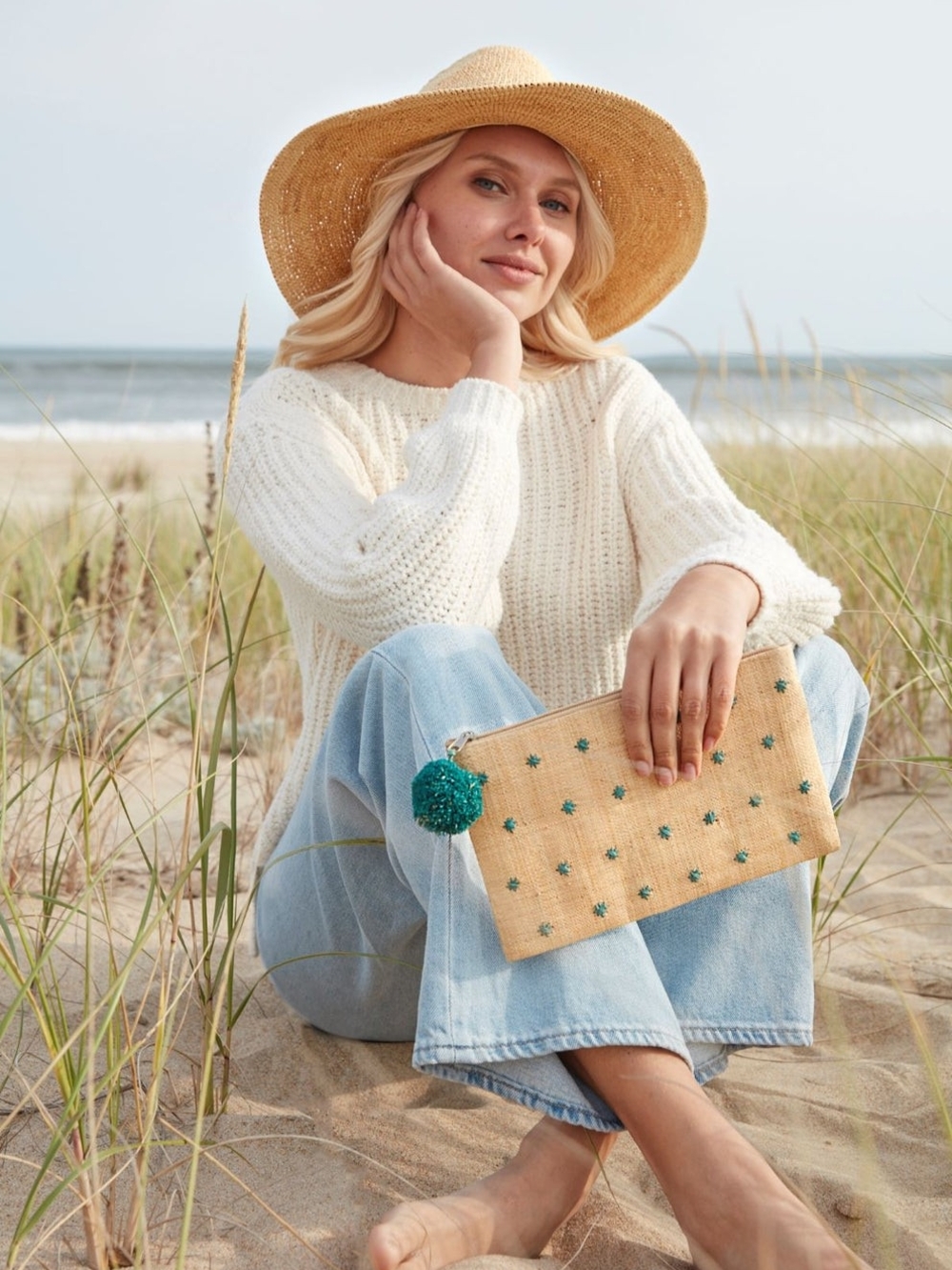 MAR Y SOL Crocheted Raffia Sofia Zippered Pouch Cosmetic Case Clutch